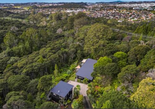 an aerial view of a house in the middle of a forest at Cosy Bush Apartment in Auckland