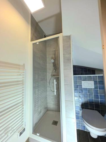 une salle de bain avec une douche avec des toilettes et un lavabo dans l'établissement Studio L'OYAT 5 min du port, à Fécamp