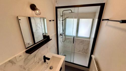 une salle de bain avec une douche, un lavabo et un miroir dans l'établissement Villa Pax 4 - La Bourboule 6 personnes, à La Bourboule