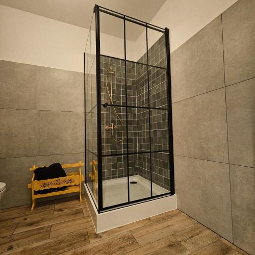 a shower with a glass door in a bathroom at Lawendowy Raj in Pilchowice