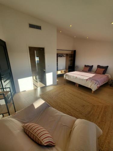- une chambre avec 2 lits et un grand tapis dans l'établissement Villa Horizon, à Grasse