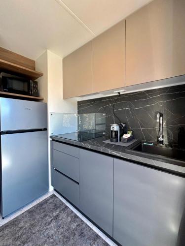 a kitchen with a sink and a refrigerator at Seregnér Agricamping & Homes - Adults Only 18 in Monzambano
