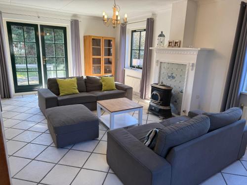 a living room with two couches and a fireplace at Buitenplaats Villa Deluxe in Callantsoog