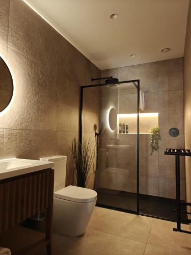 a bathroom with a shower and a toilet and a sink at The Basement in Saint Annes on the Sea
