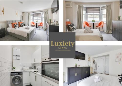 a collage of photos of a kitchen and a living room at Stylish Sunny Studio City Centre By Luxiety… in Southend-on-Sea