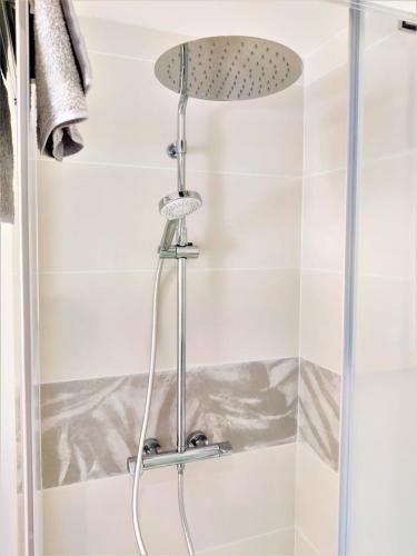 une douche avec pommeau de douche dans une salle de bain dans l'établissement L'INSTANT ROSE Appartement entier tout confort et moderne Hyper centre d'ERNÉE, à Ernée