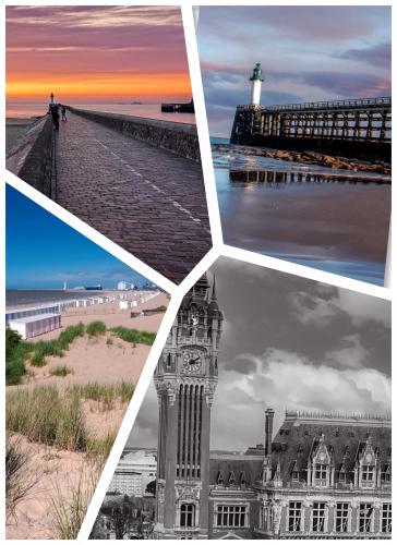 a collage of pictures of a clock tower and a lighthouse at La maisonnette de Camillou in Calais