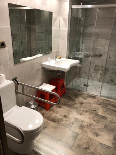 a bathroom with a toilet and a sink and a shower at Casa FOR in Labuerda