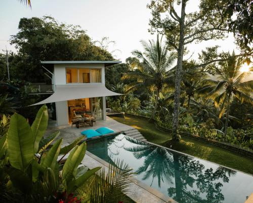 a house in the middle of a forest with a swimming pool at Trails, waterfalls & chill in private jungle lodge in Selemadeg