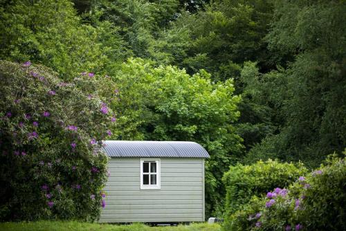 a small white shed in front of some trees at Blackstairs Shepherds Huts in Killedmond