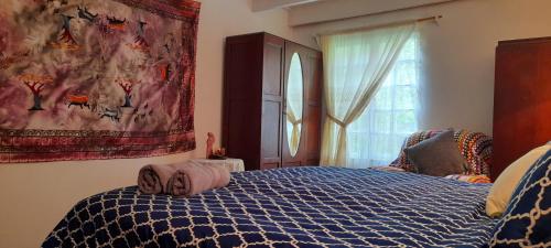 Un dormitorio con una cama con edredón azul y una ventana. en The Dutch House, en Dullstroom