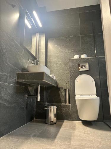 a bathroom with a white toilet and a sink at Alkistis Hotel in Diakopto