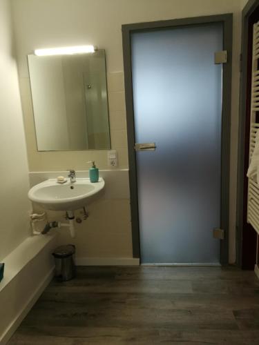 a bathroom with a sink and a mirror and a door at Gästehaus Fuchsröhre in Welcherath