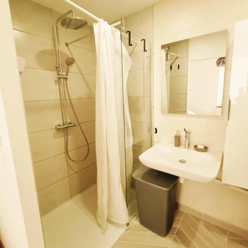 une salle de bain avec douche et lavabo dans l'établissement ORB - Jardin proche gare, Luxembourg-Metz, à Uckange