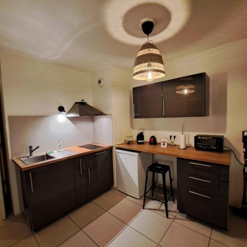 une cuisine avec un évier et un plan de travail dans l'établissement L'Atelier Rochecardon, à Lyon