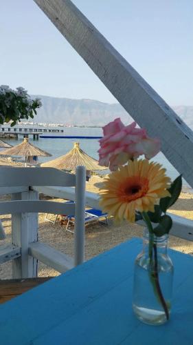 a vase with flowers sitting on a table near the beach at Rezidenca radhima in Vlorë