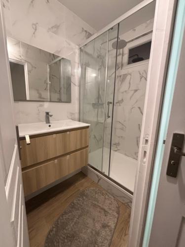 een badkamer met een douche, een wastafel en een glazen achterdeur bij Le jardin secret de Sèvres -proche de Paris in Sèvres