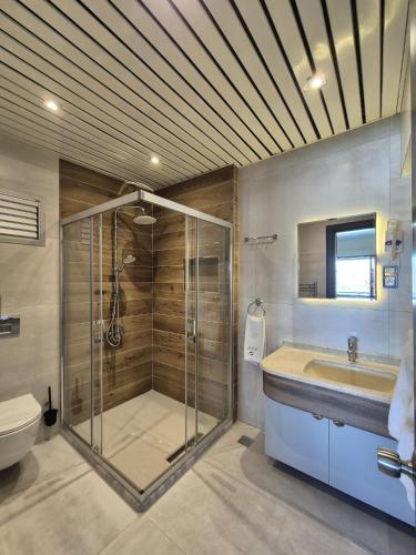 a bathroom with a shower and a sink and a toilet at Hotel HAL-TUR in Pamukkale