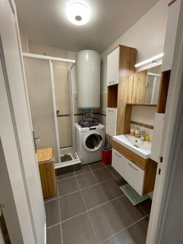 une petite cuisine avec un lave-linge et un lave-linge dans l'établissement Les Pins d'Antibes, à Antibes