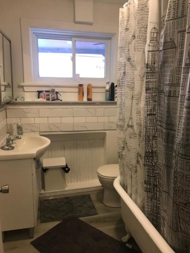 a bathroom with a toilet and a shower curtain at Room downtown 3minute walk Uottawa train station in Ottawa