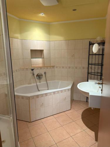 a bathroom with a tub and a sink at Pension ALPENHAUS in Vorderstoder