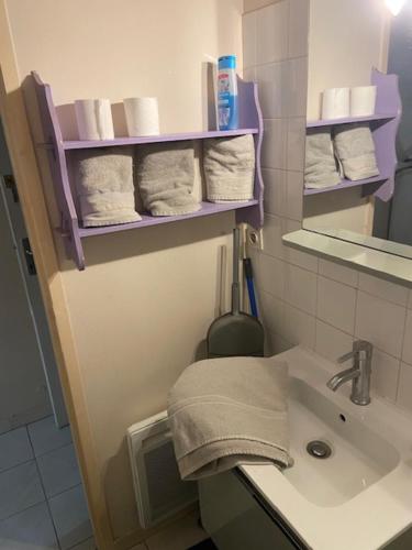 La salle de bains est pourvue d'un lavabo et de toilettes avec des serviettes. dans l'établissement Studio à proximité des Arenes de Nimes, à Nîmes