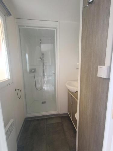 une salle de bain avec douche et lavabo dans l'établissement horizon bleu, à Trégunc