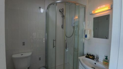 a bathroom with a shower and a toilet and a sink at Royal Temple Yacht Club in Ramsgate