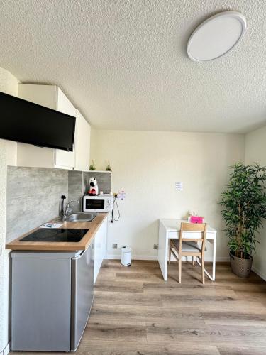 a kitchen with a sink and a table at Couett'Hôtel Brest Port de plaisance, Les pieds dans l'eau in Brest