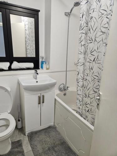 a bathroom with a toilet and a sink and a shower curtain at Entire Rental, Easy Reach to Etihad Stadium in Manchester