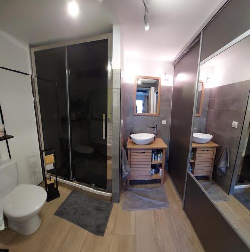 La salle de bains est pourvue de 2 lavabos, d'une douche et de toilettes. dans l'établissement large country house with pool and garden, à Buzet-sur-Tarn