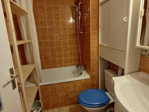 La salle de bains est pourvue de toilettes bleues et d'une baignoire. dans l'établissement Agréable studio avec loggia et animaux acceptés – Balaruc-les-Bains - FR-1-571-38, à Balaruc-les-Bains