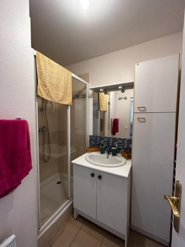 une salle de bain blanche avec un lavabo et une douche dans l'établissement Astéries - RDC, à Quend-Plage