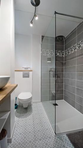 une salle de bain avec douche et toilettes dans l'établissement La Carte Postale, à Oye-Plage
