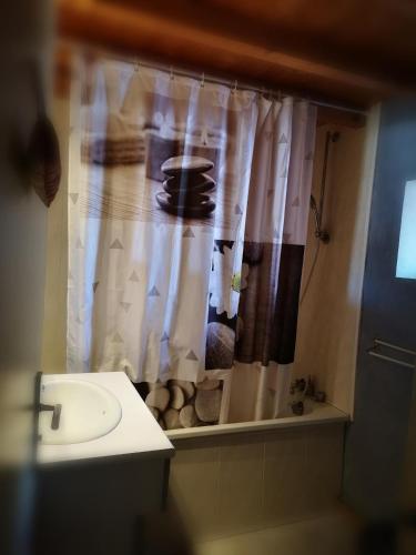 a bathroom with a shower curtain with a toilet and a sink at GITE O FIL DU BOIS avec spa et piscine à Longchaumois - du samedi au samedi in Longchaumois