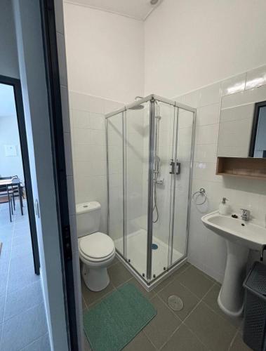 a bathroom with a shower and a toilet and a sink at Casa da Mónica in Ponta Delgada