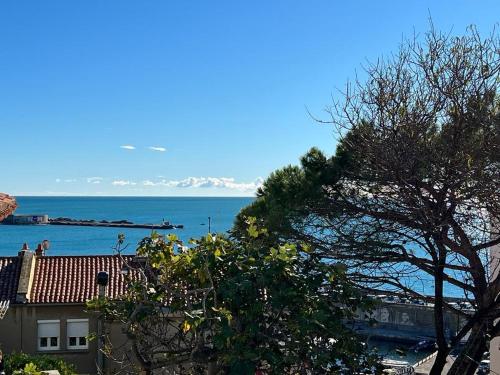 - une vue sur l'océan depuis une maison avec un arbre dans l'établissement Appartement pêcheur, à Sète