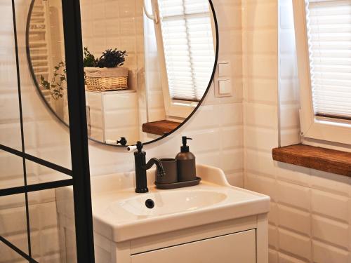 a bathroom with a sink and a mirror at Zakątek - Żabi Kraj in Mnich