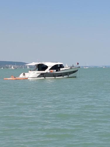 a boat sitting in the middle of the water at Babamúzeum apartman in Tihany