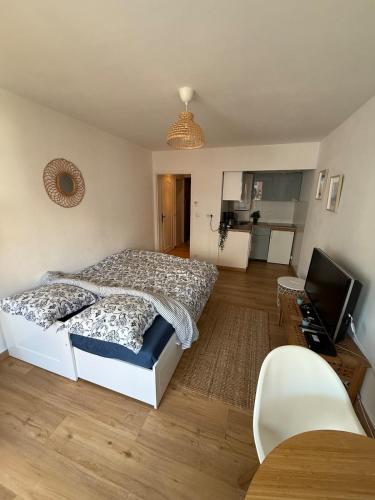 une chambre avec un lit et une télévision à écran plat dans l'établissement Bohemian studio in Menton close to sea with parking, à Menton
