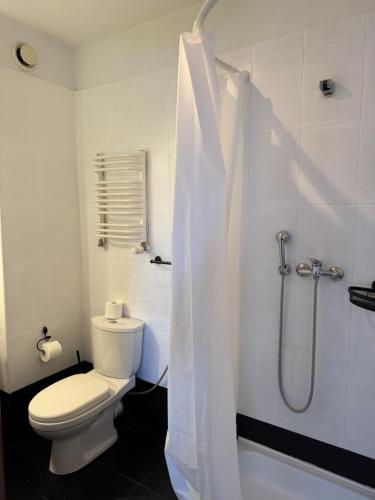 a bathroom with a toilet and a shower with a shower curtain at Folwark Nadmorska Ostoja in Mechelinki