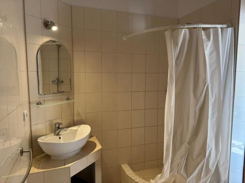 a bathroom with a sink and a shower at Folwark Nadmorska Ostoja in Mechelinki
