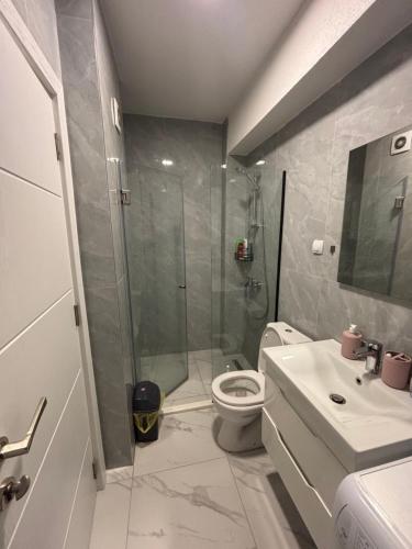 a bathroom with a shower and a toilet and a sink at ARIA Residence & Ѕра, Apartment 1-43, level 8 in Bitola