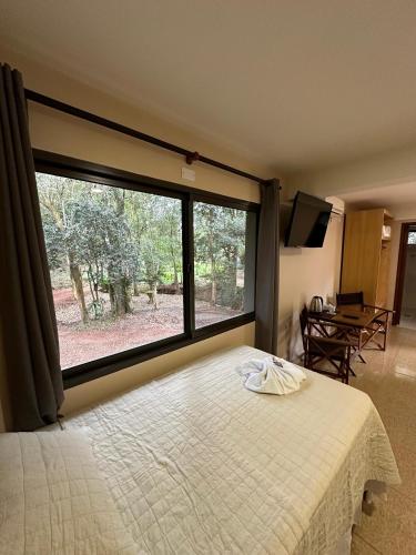 a bedroom with a bed and a large window at Parque Hotel Manantial in Hohenau
