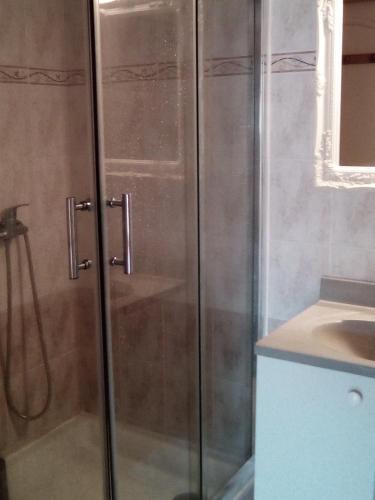 une douche avec une porte vitrée à côté d'un lavabo dans l'établissement maison pour vacance a la mer, à Port-la-Nouvelle