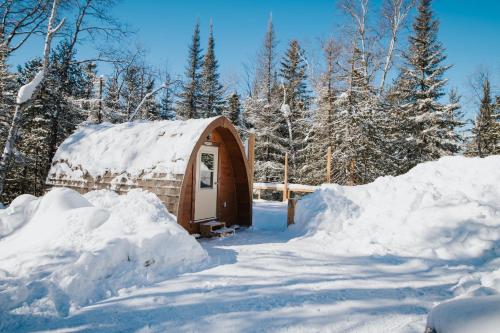 a snow covered cabin with a bunch of snow around it at Entre Lemoine et l'arbre in Val-dʼOr