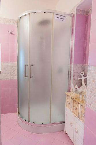 a shower in a bathroom with pink tiles at MARE NOSTRUM - Beachfront House with Sea View - 2 Bedrooms - Sant'Angelo Ischia in Sant'Angelo D'Ischia