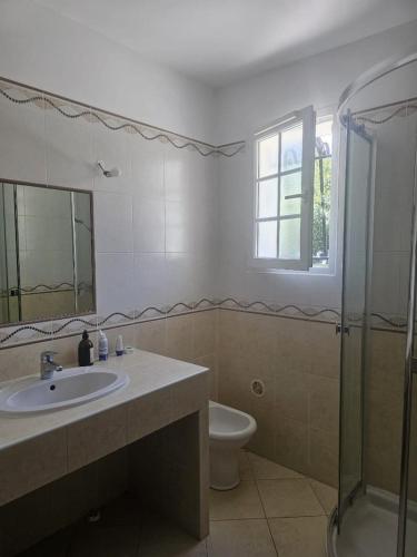 une salle de bain avec un lavabo, des toilettes et une douche dans l'établissement Rez de villa, à Borgo