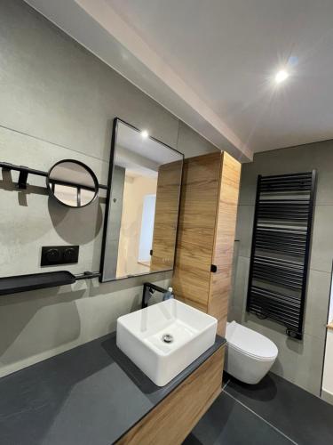 a bathroom with a white sink and a toilet at L'Abri iodé in Le Légué