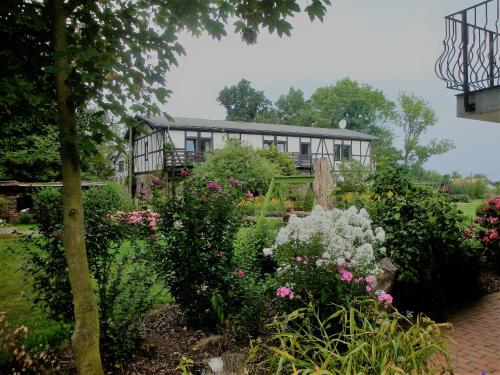 a garden with flowers in front of a house at Gutspark Seeblick in Kägsdorf